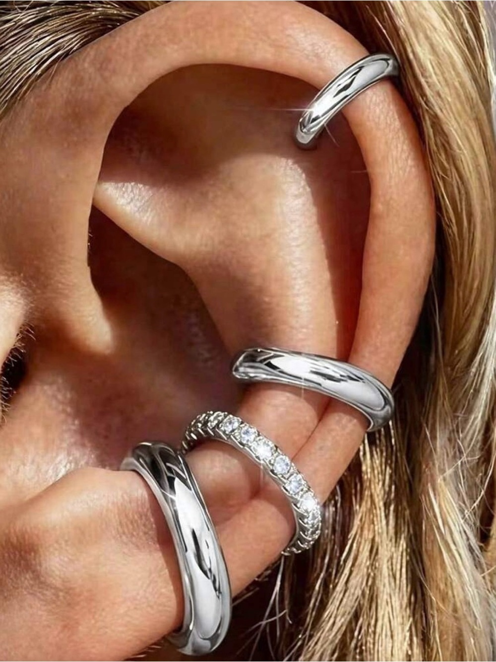 Sterling Silver Hoop and CZ Ear Cuff Set - Silver